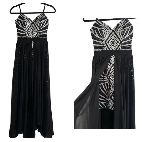 CITY STUDIO Black Silver Sequin Mini Dress Sheer Maxi Overlay Gown Junior’s Sz 1 - Picture 1 of 6
